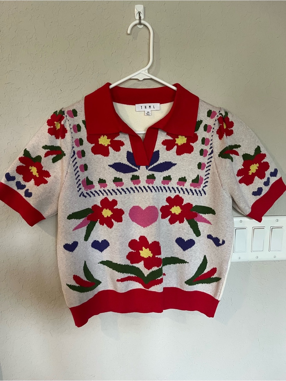 THML Cream Knit Top with Red Collar and Multicolor Floral Motif